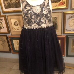 Classy American Princess S 4T navy Lined Floral And Sequin Bodice Tulle Skirt